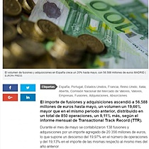 El volumen de fusiones y adquisiciones en Espaa crece un 20% hasta mayo, con 56.588 millones de euros